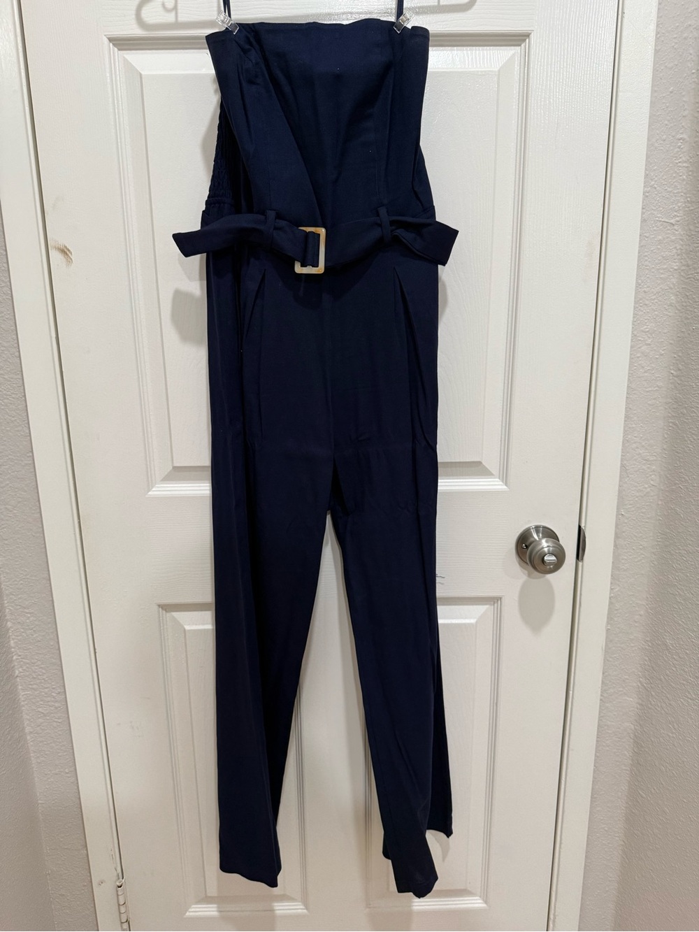 Macy's Navy Strapless Belted Jumpsuit